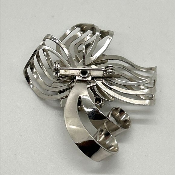 Vintage Ribbon Brooch or Pendant Floral & Clear Blue Center Silver-tone - Picture 7 of 11